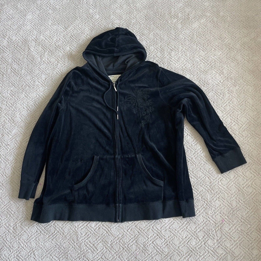 Women Plus Size Black Velour Zipper Hoodie Size 26 28 Pockets Embroidery Avenue